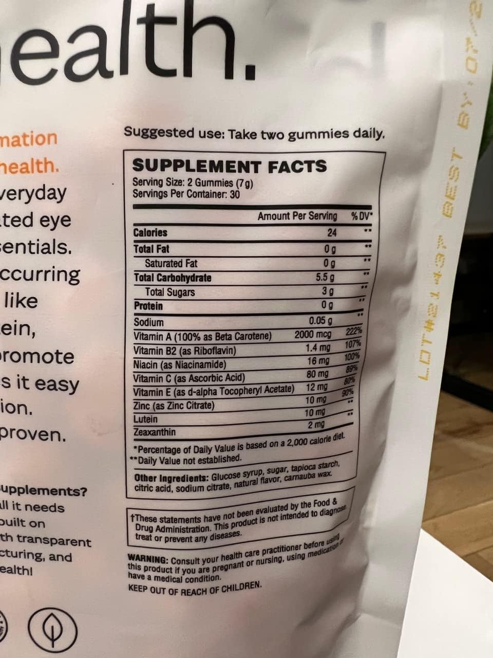 Adult Eye Health Gummy Vitamins with Lutein, Zeaxanthin, Vitamins A, B, C & E, Macular & Retinal Support, Antioxidant Formula, 30-Day Supply, Peach Flavor