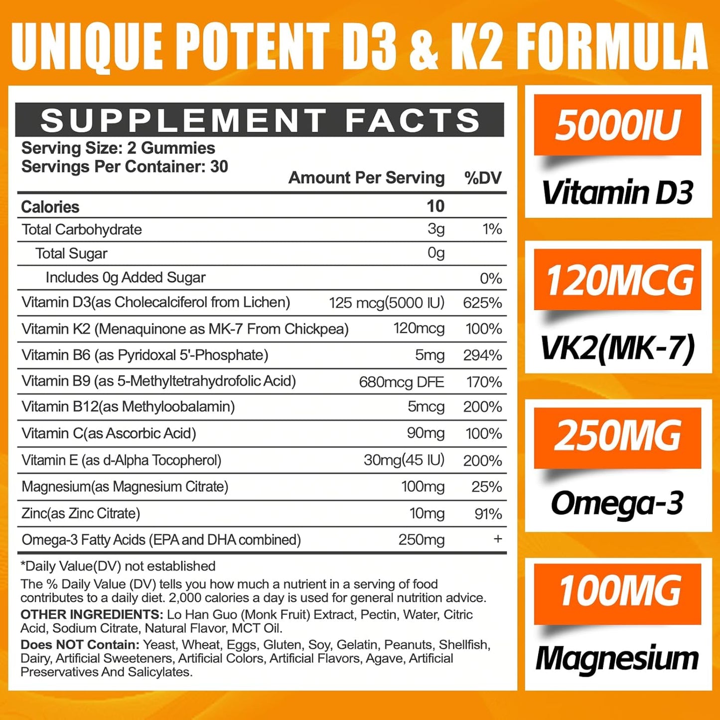 Adult Vitamin D3 K2 Gummies - 5000IU D3 + 120mcg K2 (MK-7) - Sugar-Free with Omega-3, B12, B9, B6, E & Zinc - Supports Calcium Absorption & Immune Health