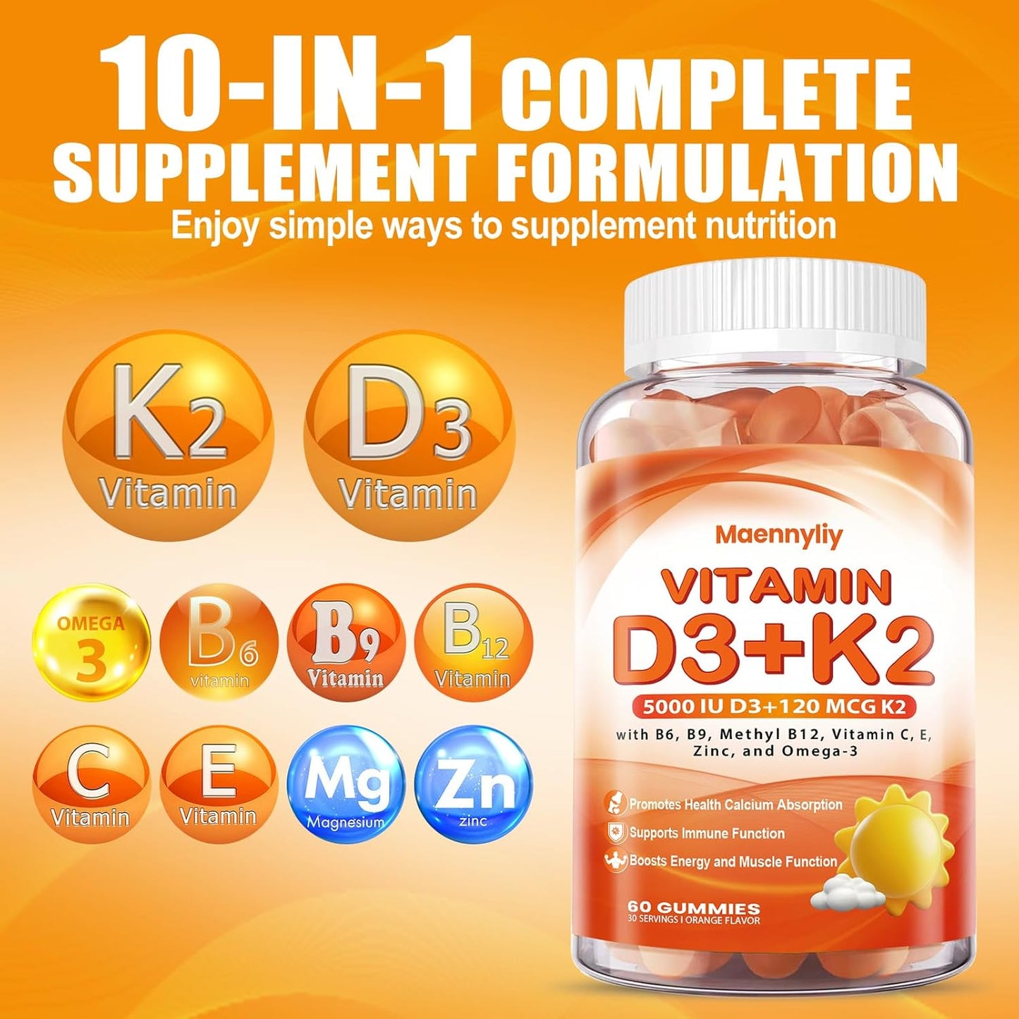 Adult Vitamin D3 K2 Gummies - 5000IU D3 + 120mcg K2 (MK-7) - Sugar-Free with Omega-3, B12, B9, B6, E & Zinc - Supports Calcium Absorption & Immune Health