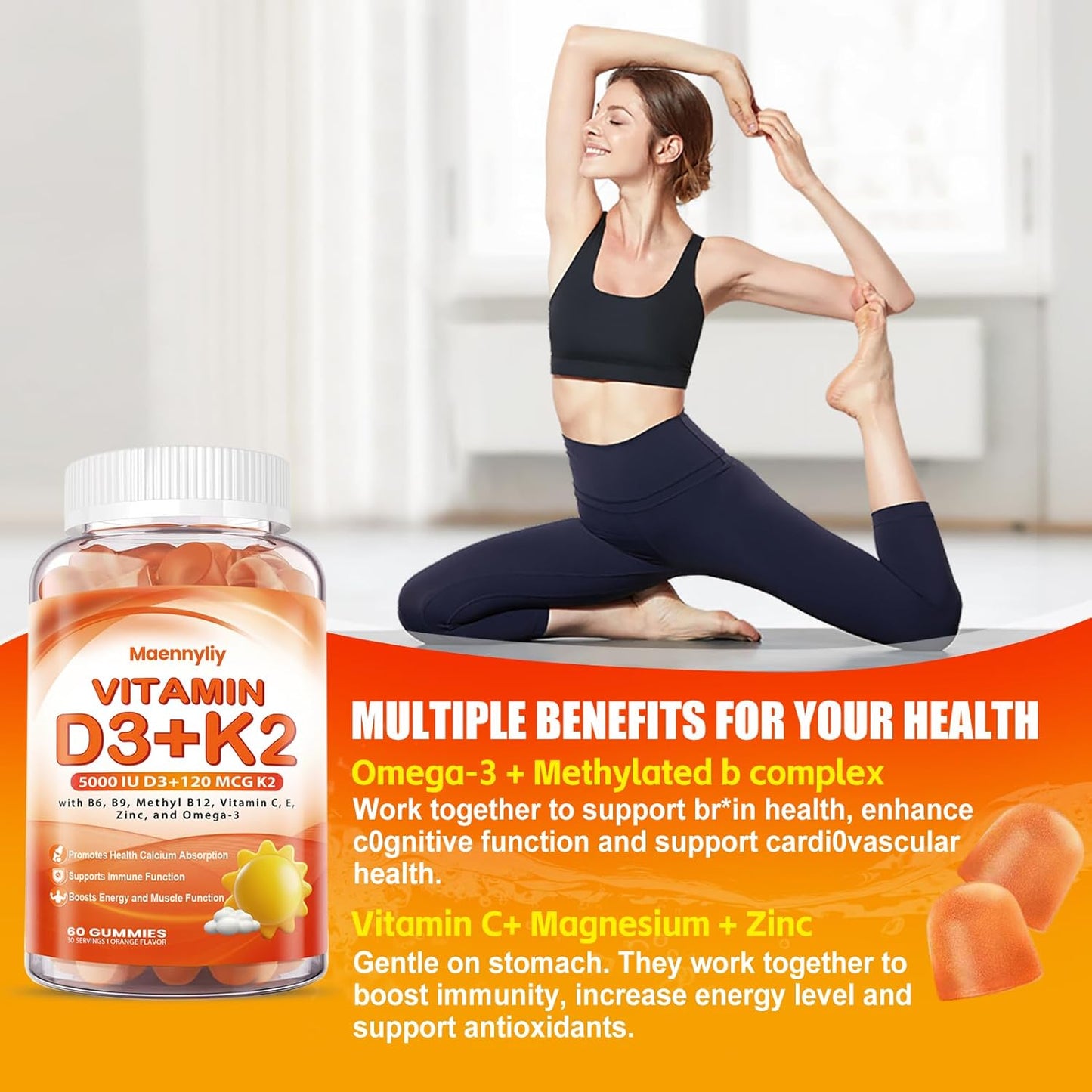 Adult Vitamin D3 K2 Gummies - 5000IU D3 + 120mcg K2 (MK-7) - Sugar-Free with Omega-3, B12, B9, B6, E & Zinc - Supports Calcium Absorption & Immune Health