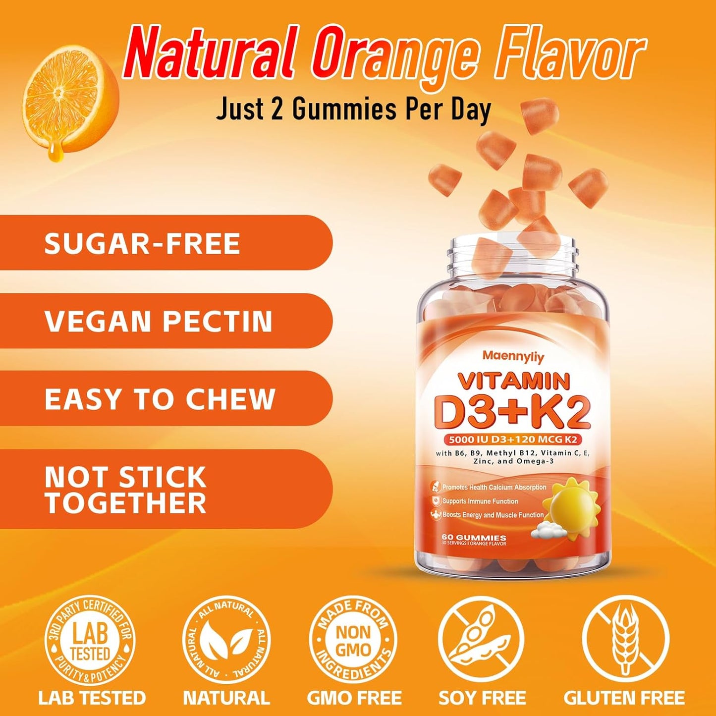 Adult Vitamin D3 K2 Gummies - 5000IU D3 + 120mcg K2 (MK-7) - Sugar-Free with Omega-3, B12, B9, B6, E & Zinc - Supports Calcium Absorption & Immune Health