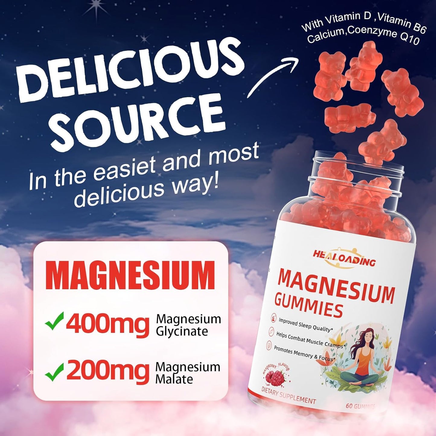 Adults Sleep Support: Magnesium Glycinate Gummies with Vitamin D3, B6, CoQ10 - Promotes Nerve Health, Better Sleep, Muscle Cramp Relief