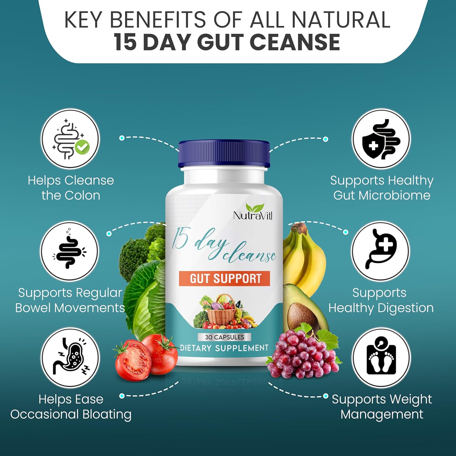 Advanced 15-Day Gut Cleanse Capsules for Digestive Health & Regularity - Detox Support Formula with Senna, Cascara Sagrada, and Psyllium Husk - Men and Women - NUTRAVITL