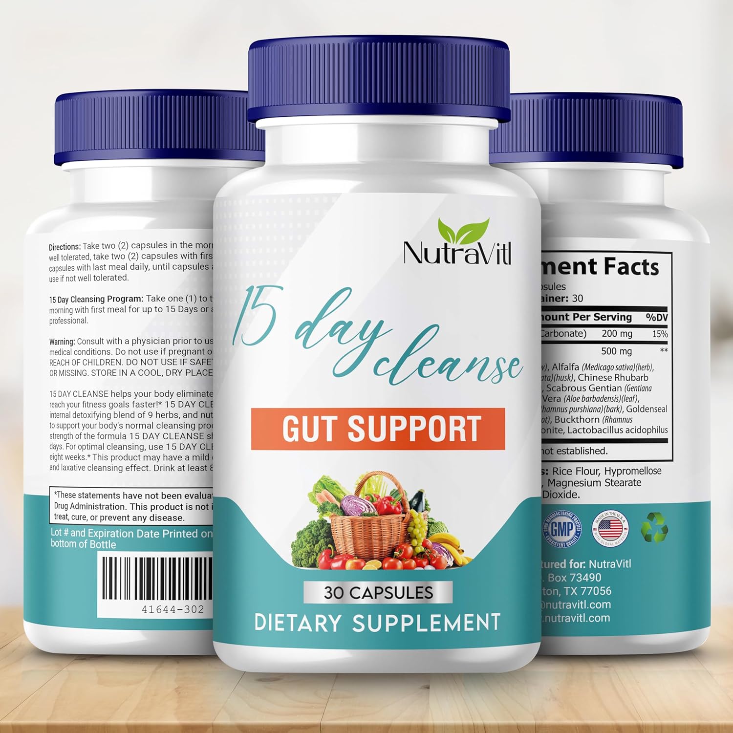 Advanced 15-Day Gut Cleanse Capsules for Digestive Health & Regularity - Detox Support Formula with Senna, Cascara Sagrada, and Psyllium Husk - Men and Women - NUTRAVITL