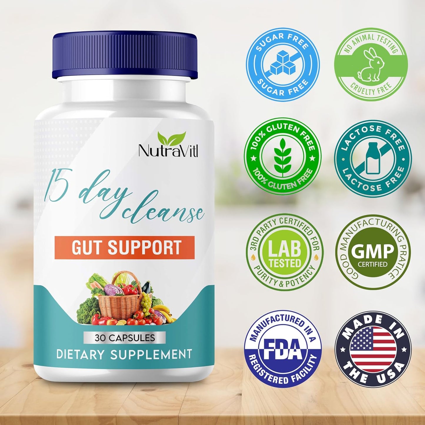 Advanced 15-Day Gut Cleanse Capsules for Digestive Health & Regularity - Detox Support Formula with Senna, Cascara Sagrada, and Psyllium Husk - Men and Women - NUTRAVITL