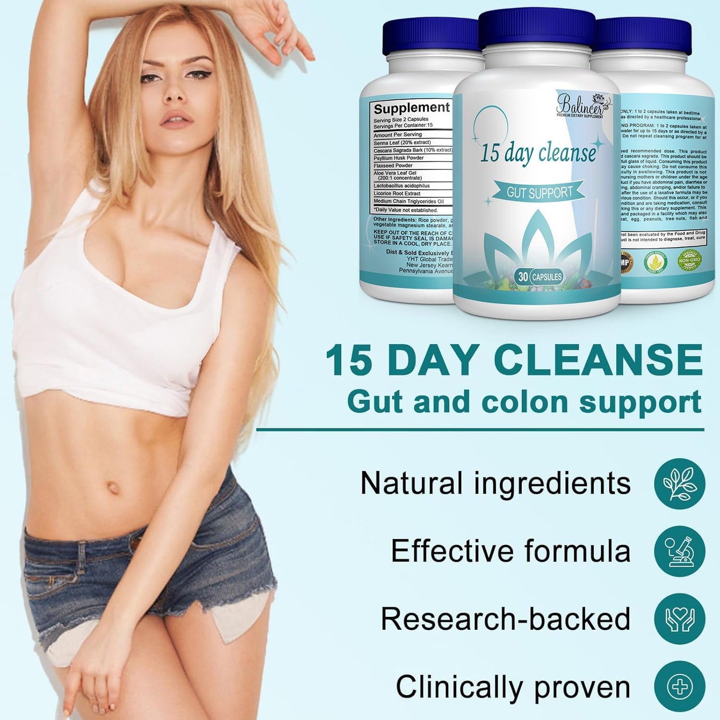 Advanced 15 Day Gut Cleanse Detox with Senna & Psyllium Husk - Non-GMO 30 Capsules for Men & Women