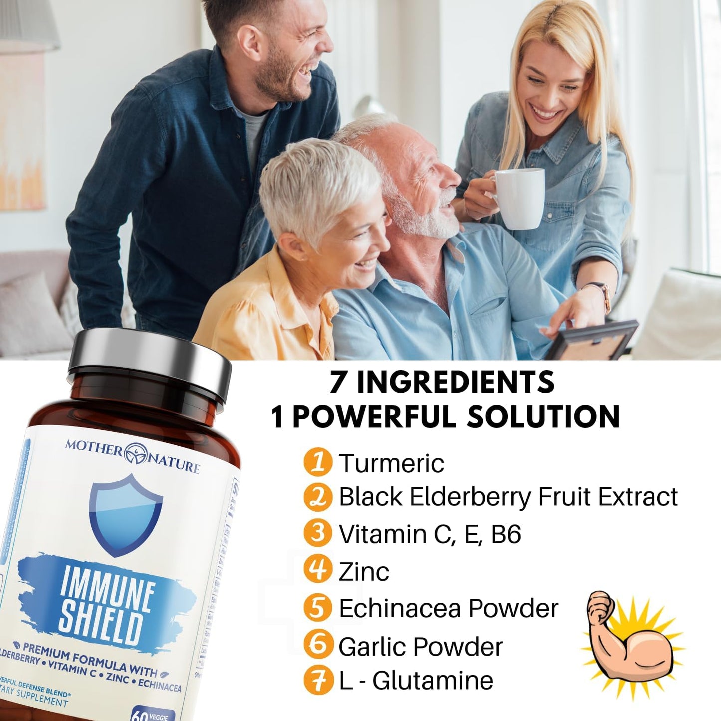 Advanced 7-in-1 Immune Support Supplement with Elderberry, Vitamin C, Zinc - Boosts Immunity in Adults & Kids - 60 Vegan Capsules by Mother Nature Organics
