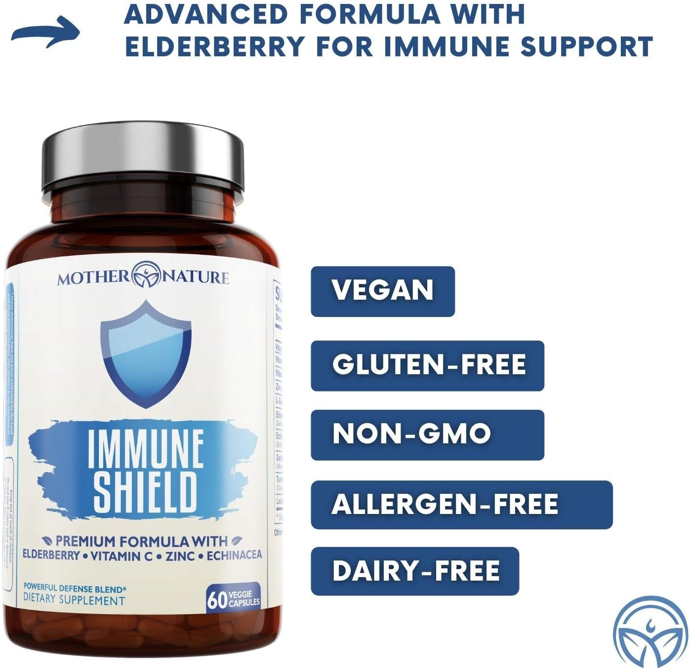 Advanced 7-in-1 Immune Support Supplement with Elderberry, Vitamin C, Zinc - Boosts Immunity in Adults & Kids - 60 Vegan Capsules by Mother Nature Organics