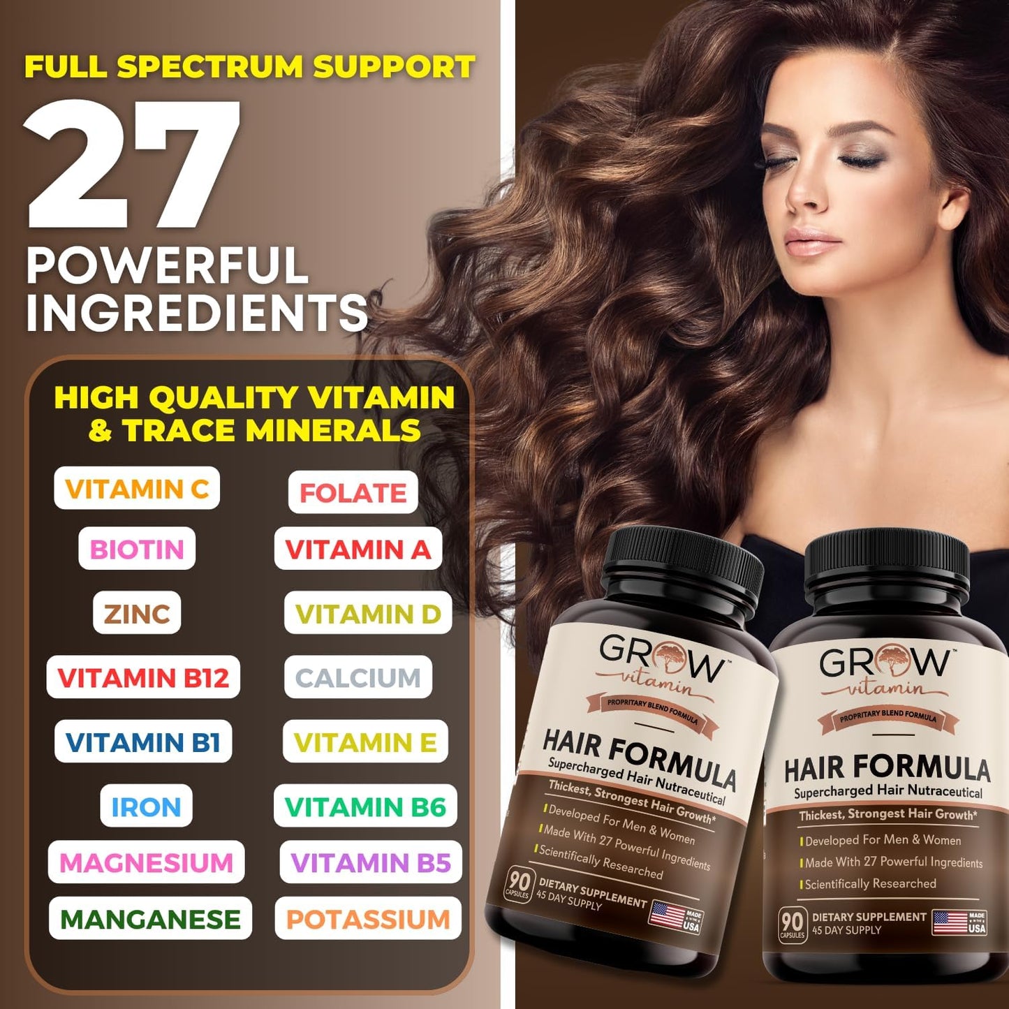 Advanced All in One Hair Formula with Biotin, Saw Palmetto, DHT Blocker & Trace Minerals - Hair, Skin & Nails Supplement - 90 Capsules for Men & Women