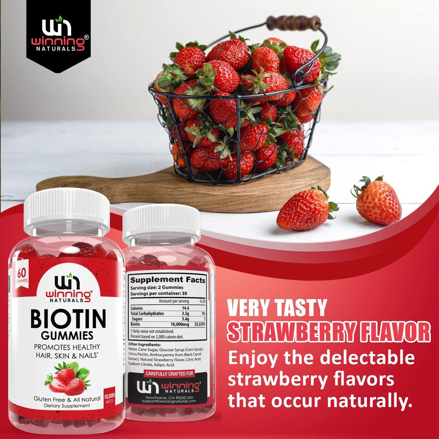 Advanced Biotin Gummies with Natural Strawberry Flavor for Hair, Skin, and Nails Support by WINNING NATURALS