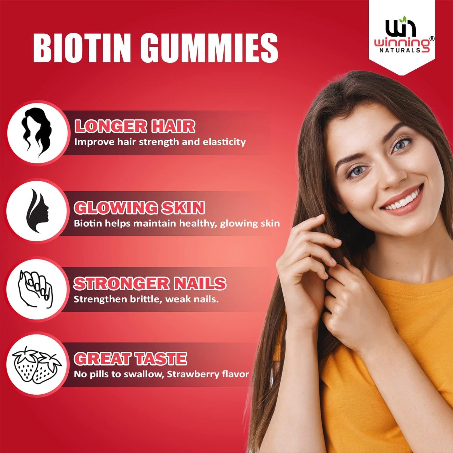 Advanced Biotin Gummies with Natural Strawberry Flavor for Hair, Skin, and Nails Support by WINNING NATURALS