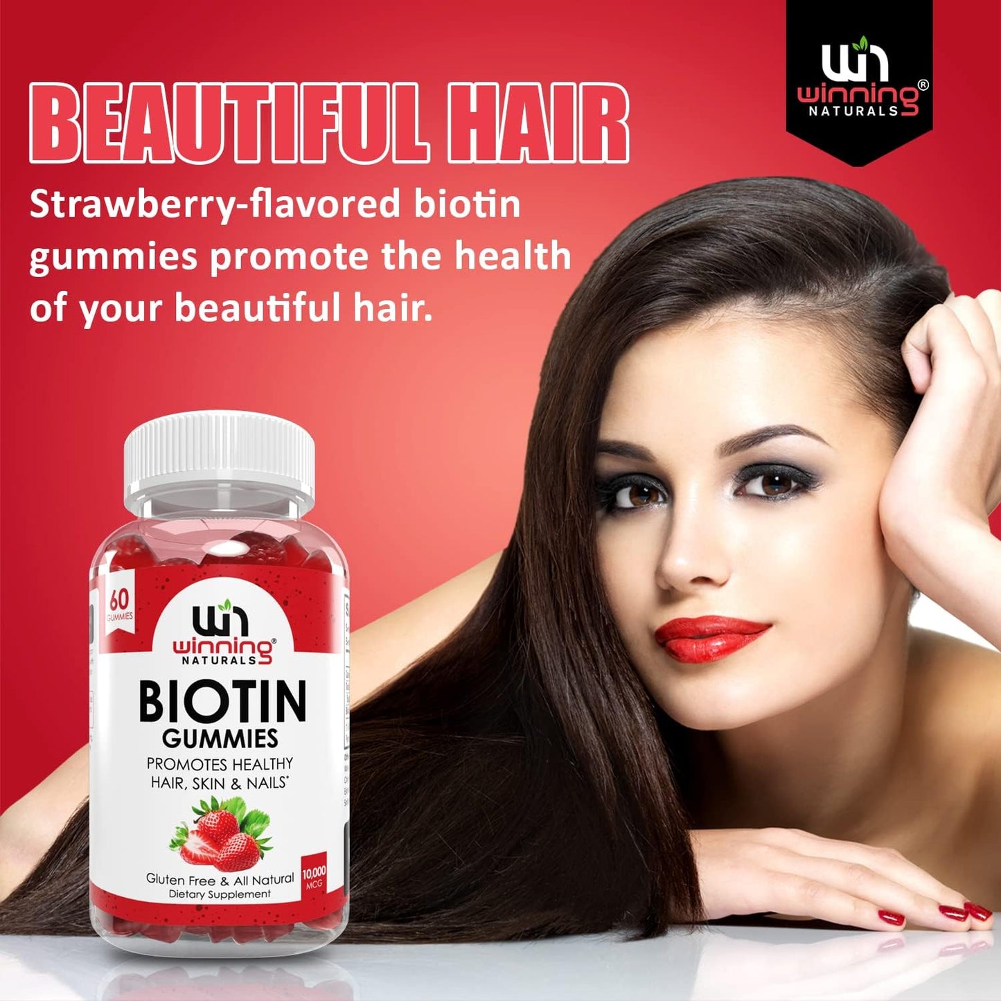 Advanced Biotin Gummies with Natural Strawberry Flavor for Hair, Skin, and Nails Support by WINNING NATURALS