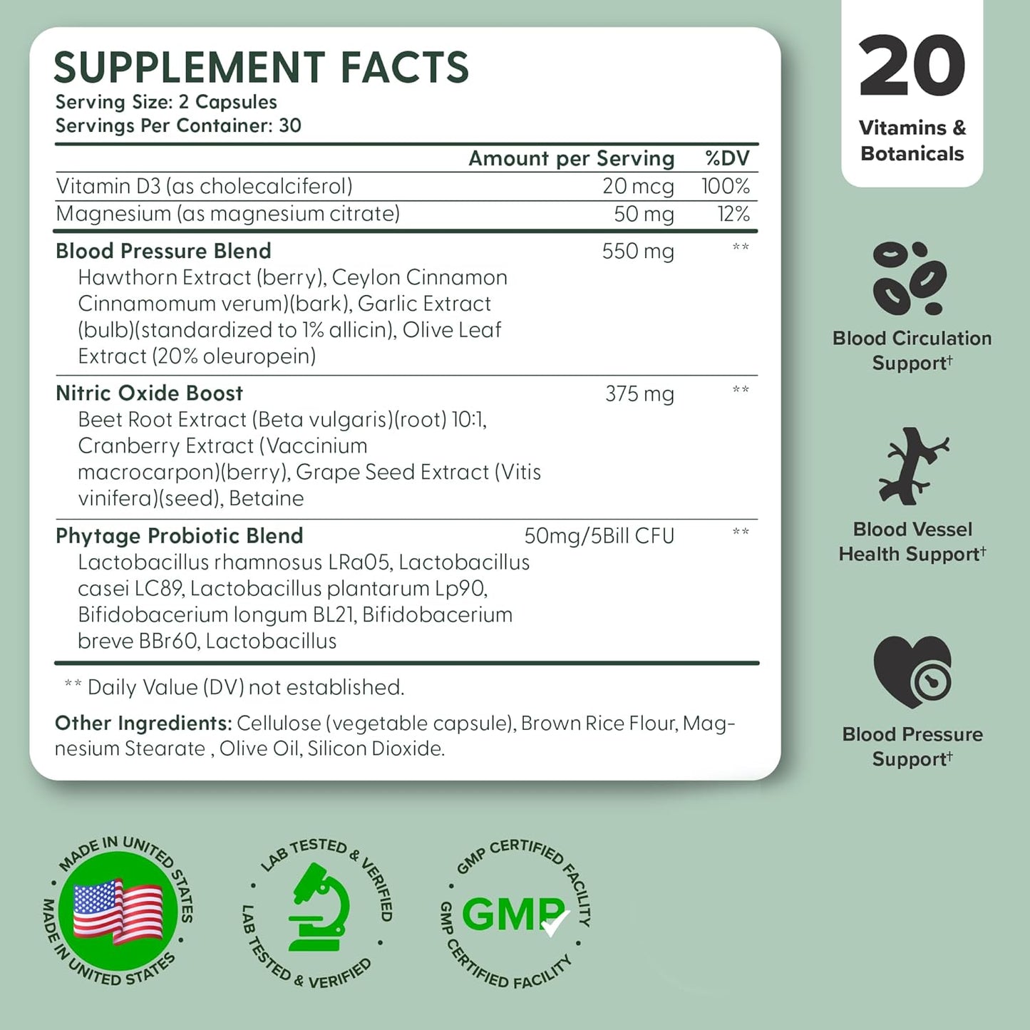 Advanced Blood Circulation Supplement with Nitric Oxide Boost - 60 Capsules, Non-GMO & Gluten Free