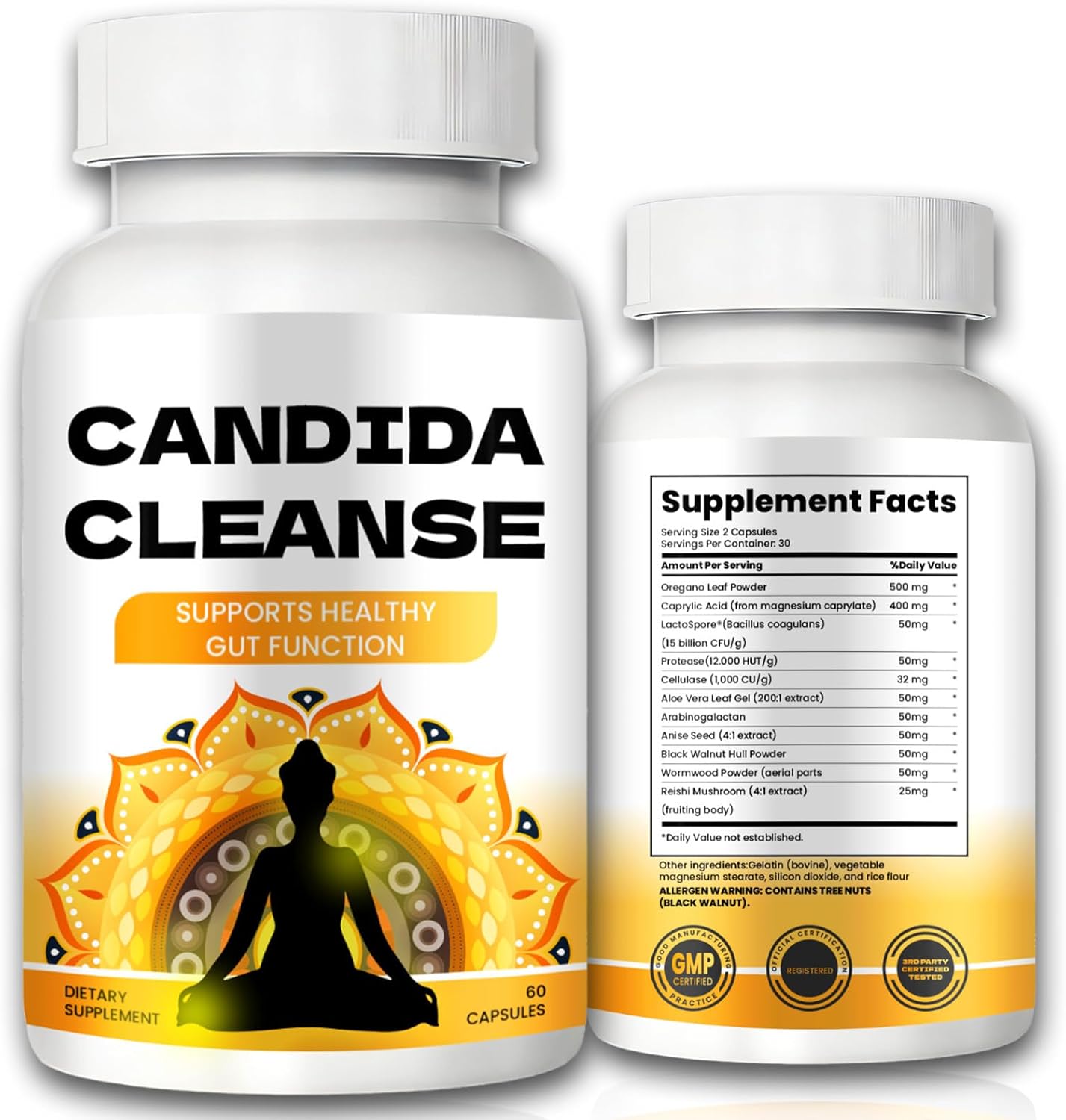 Advanced Candida Cleanse Formula for Gut and Colon Support - Oregano Leaf, Wormwood, Black Walnut, Caprylic Acid - OCQOPM