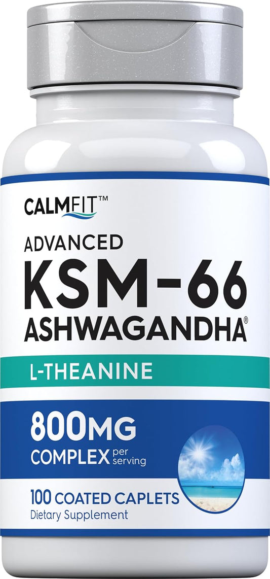 Advanced Complex Ashwagandha and L-Theanine Supplement 800mg | 100 Caplets | Piping Rock KSM-66 | Vegan, Non-GMO, Gluten Free