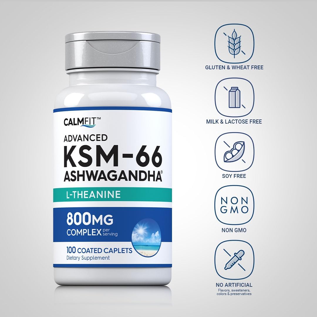 Advanced Complex Ashwagandha and L-Theanine Supplement 800mg | 100 Caplets | Piping Rock KSM-66 | Vegan, Non-GMO, Gluten Free