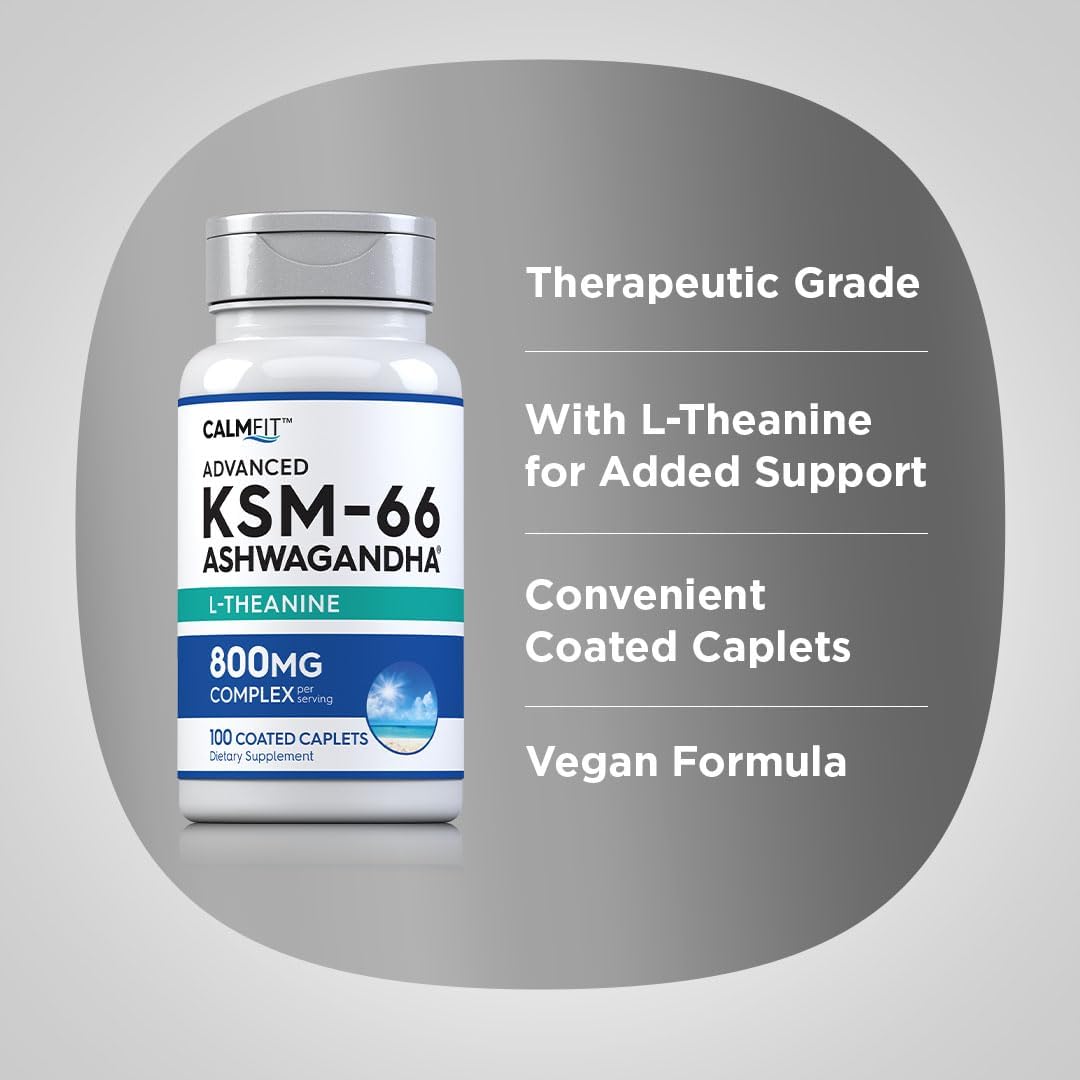 Advanced Complex Ashwagandha and L-Theanine Supplement 800mg | 100 Caplets | Piping Rock KSM-66 | Vegan, Non-GMO, Gluten Free