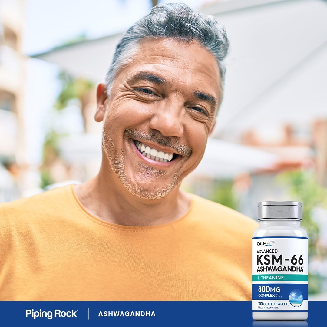 Advanced Complex Ashwagandha and L-Theanine Supplement 800mg | 100 Caplets | Piping Rock KSM-66 | Vegan, Non-GMO, Gluten Free