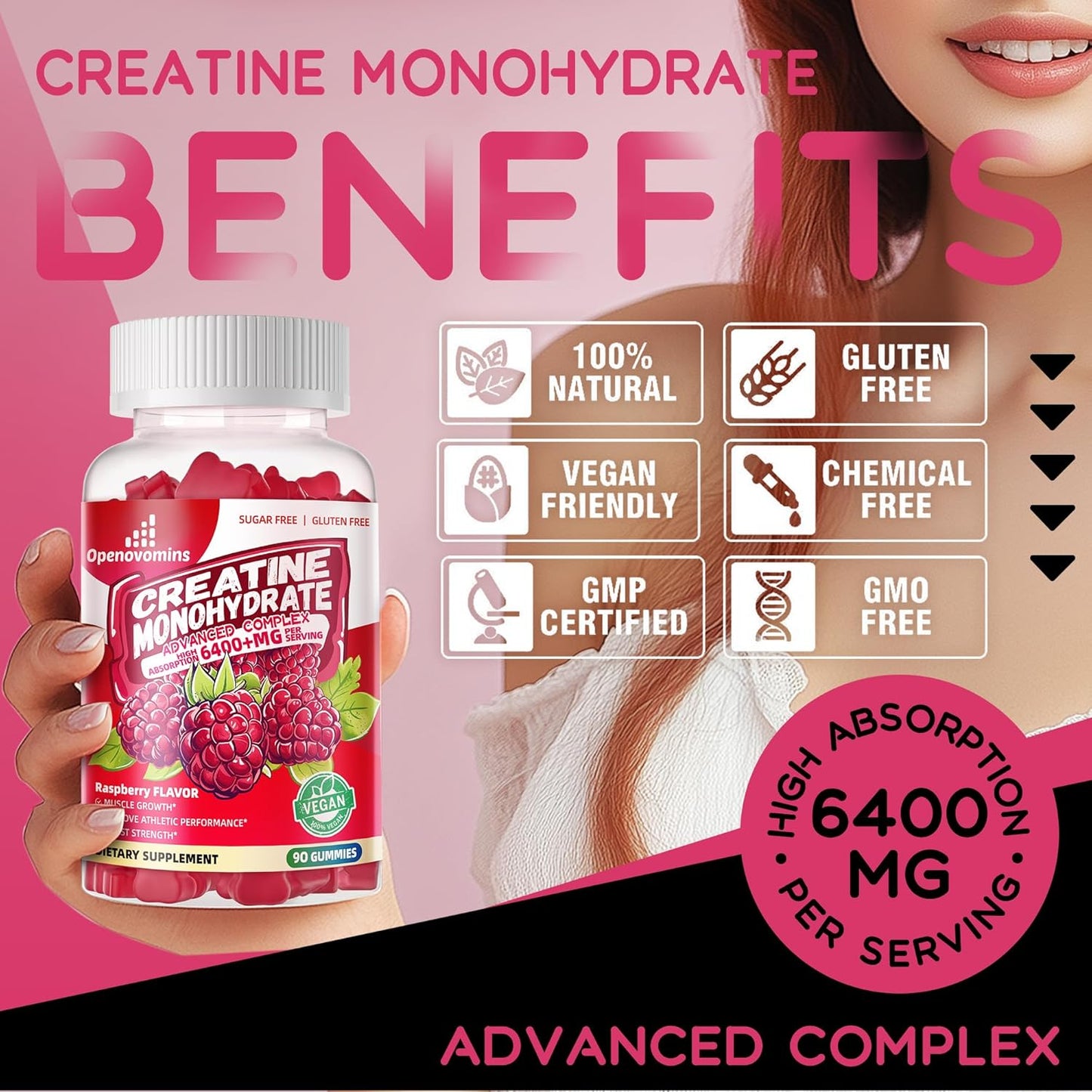 Advanced Creatine Monohydrate Gummies Complex 6400mg with L-Taurine and Vitamin B12 for Men & Women - Sugar-Free Raspberry Gummies, 90ct