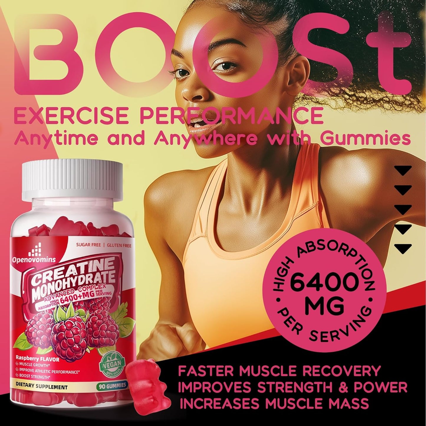 Advanced Creatine Monohydrate Gummies Complex 6400mg with L-Taurine and Vitamin B12 for Men & Women - Sugar-Free Raspberry Gummies, 90ct