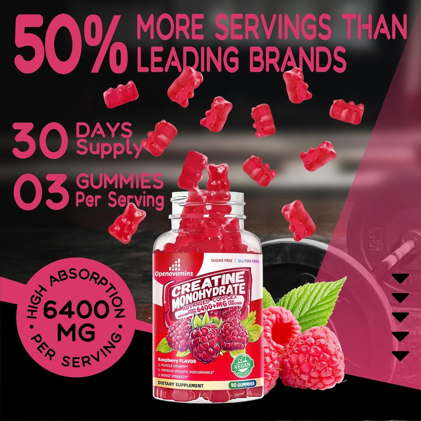 Advanced Creatine Monohydrate Gummies Complex 6400mg with L-Taurine and Vitamin B12 for Men & Women - Sugar-Free Raspberry Gummies, 90ct