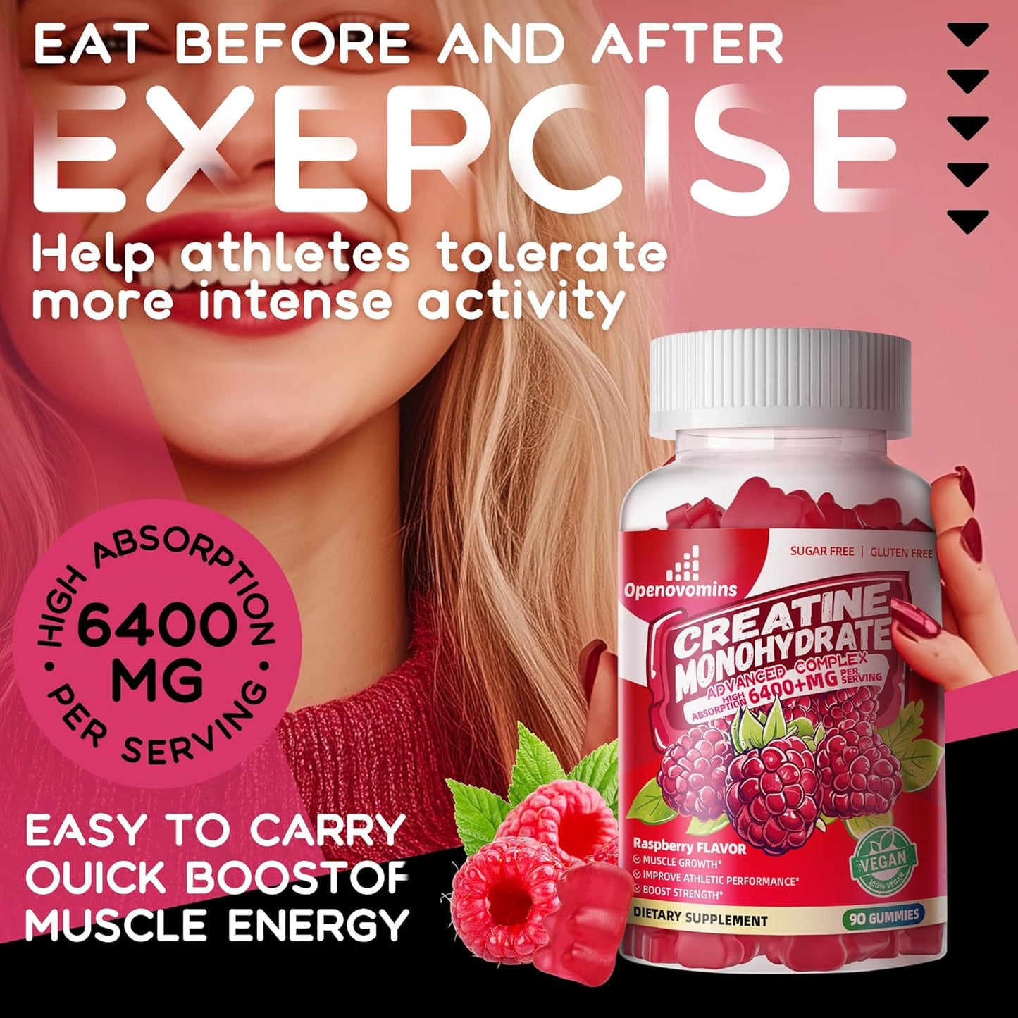 Advanced Creatine Monohydrate Gummies Complex 6400mg with L-Taurine and Vitamin B12 for Men & Women - Sugar-Free Raspberry Gummies, 90ct