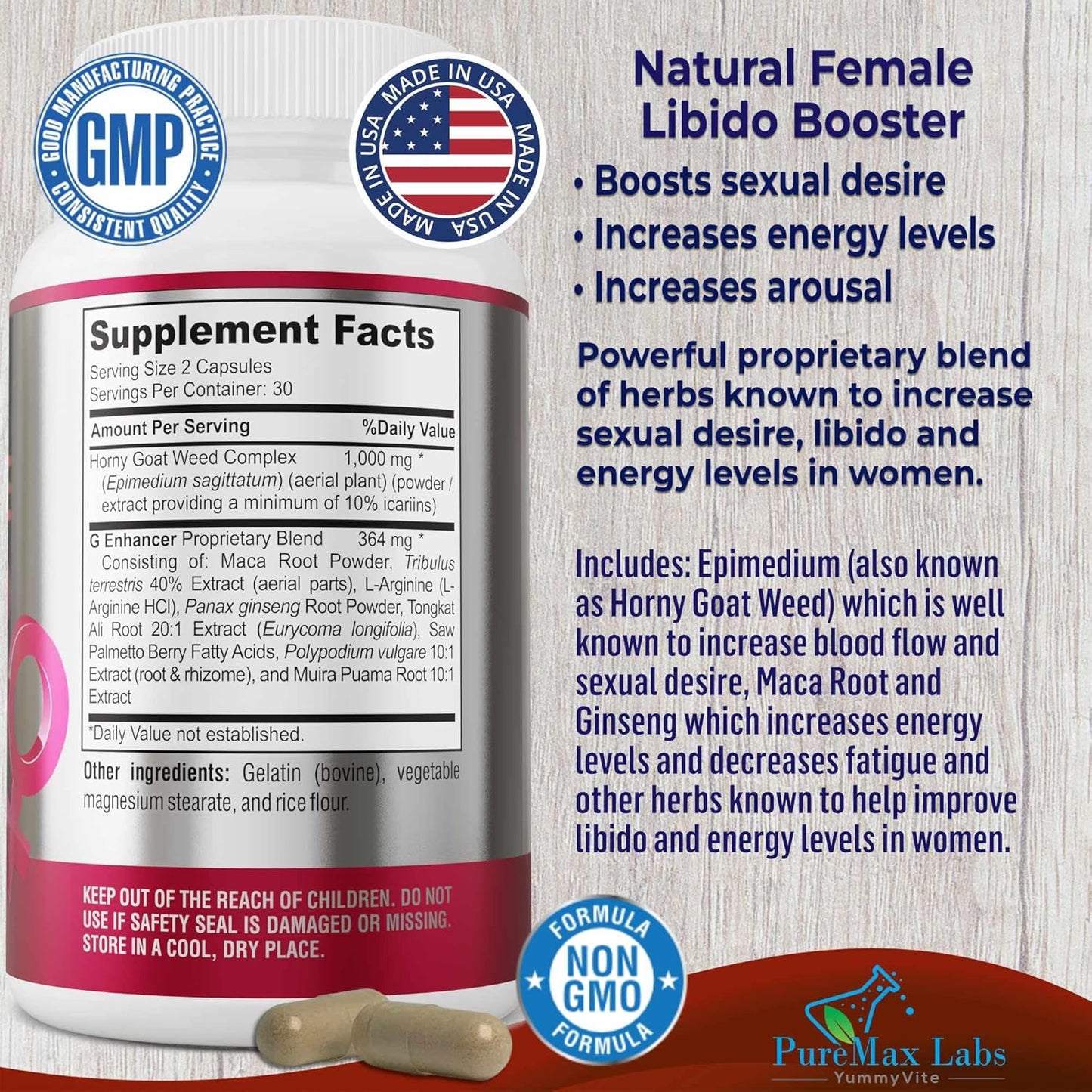 Advanced Female Libido Formula with Epimedium, Maca, and Ginseng for Desire and Energy - Non-GMO Supplement with Horny Goat Weed and Tribulus - 60 Capsules
