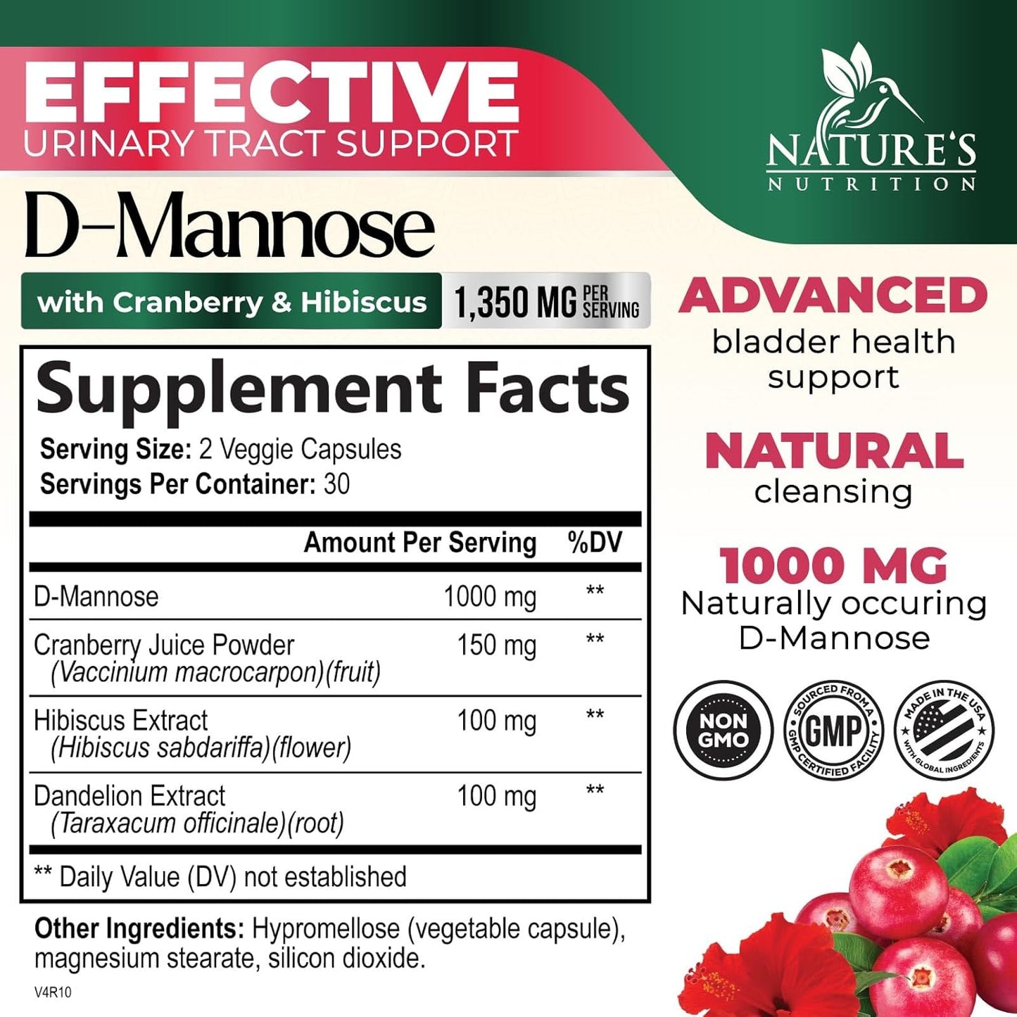 Advanced Formula DMannose Pills with Cranberry 1350mg - Natural Bladder & Urinary Tract Support - D Mannose Supplements for Men & Women - Non-GMO, Vegan - 60 Capsules
