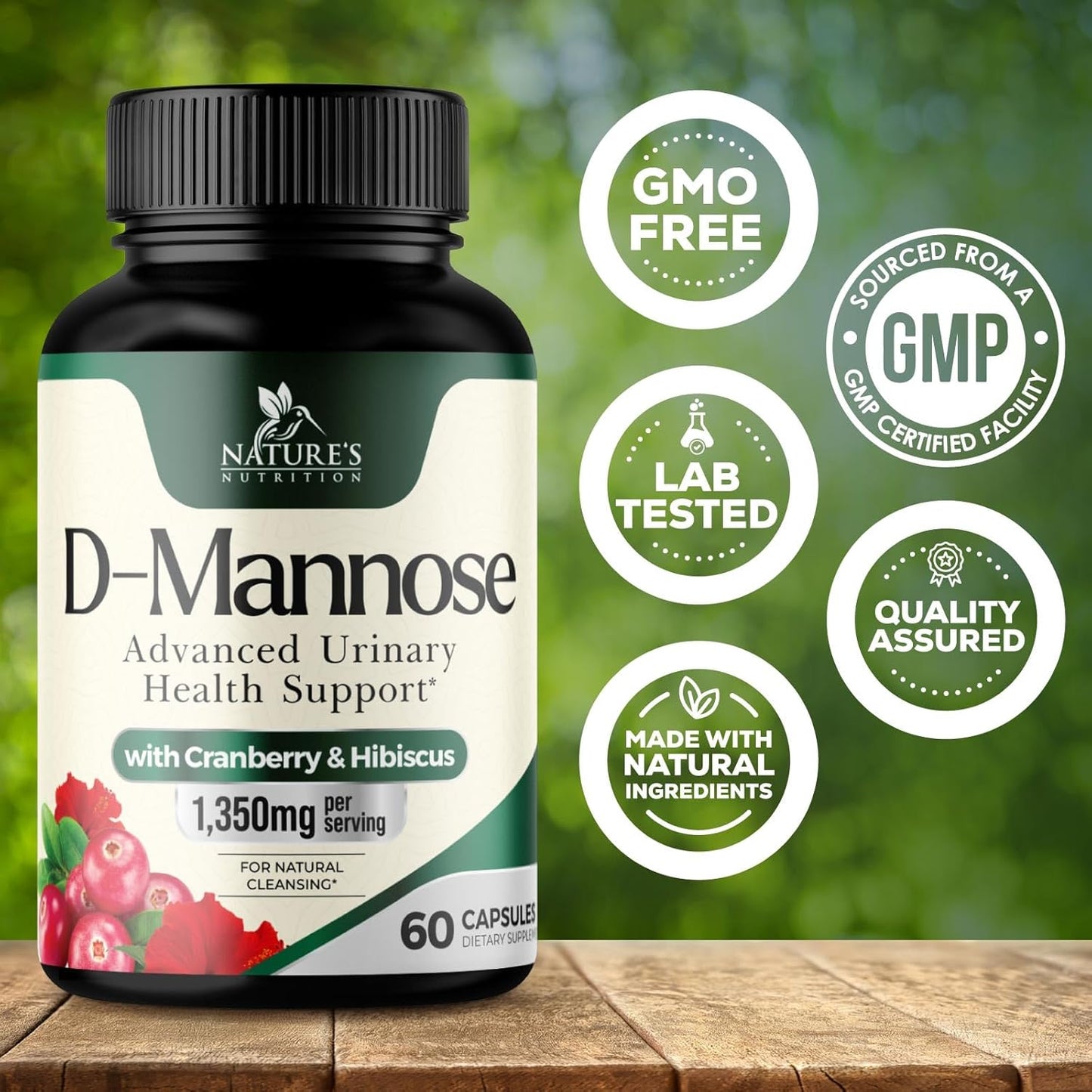 Advanced Formula DMannose Pills with Cranberry 1350mg - Natural Bladder & Urinary Tract Support - D Mannose Supplements for Men & Women - Non-GMO, Vegan - 60 Capsules