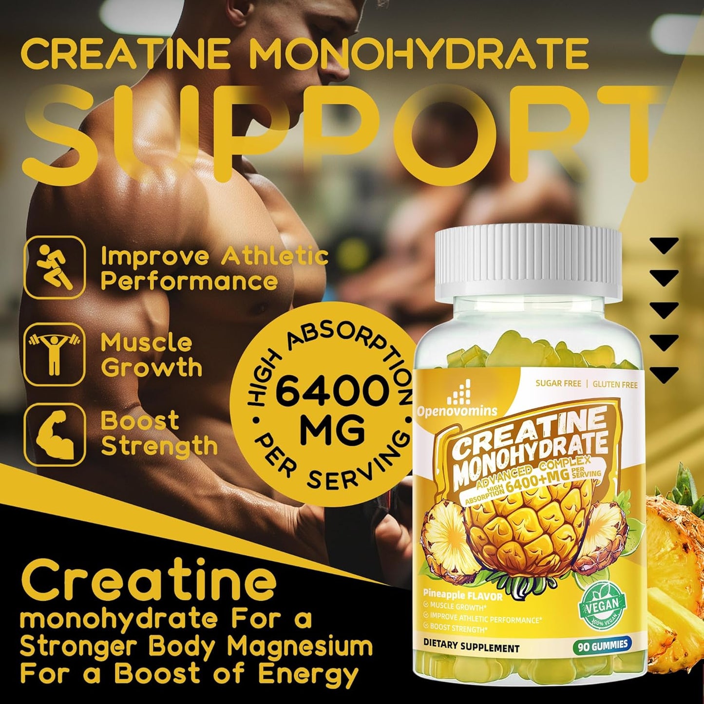 Advanced Formula OPENOVOMINS Creatine Monohydrate Gummies Complex 6400mg with L-Taurine & Vitamin B12 - Sugar Free Chewable Supplement for Men & Women, 90 Pineapple Gummies
