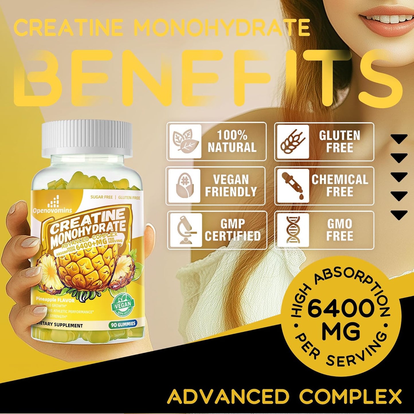 Advanced Formula OPENOVOMINS Creatine Monohydrate Gummies Complex 6400mg with L-Taurine & Vitamin B12 - Sugar Free Chewable Supplement for Men & Women, 90 Pineapple Gummies
