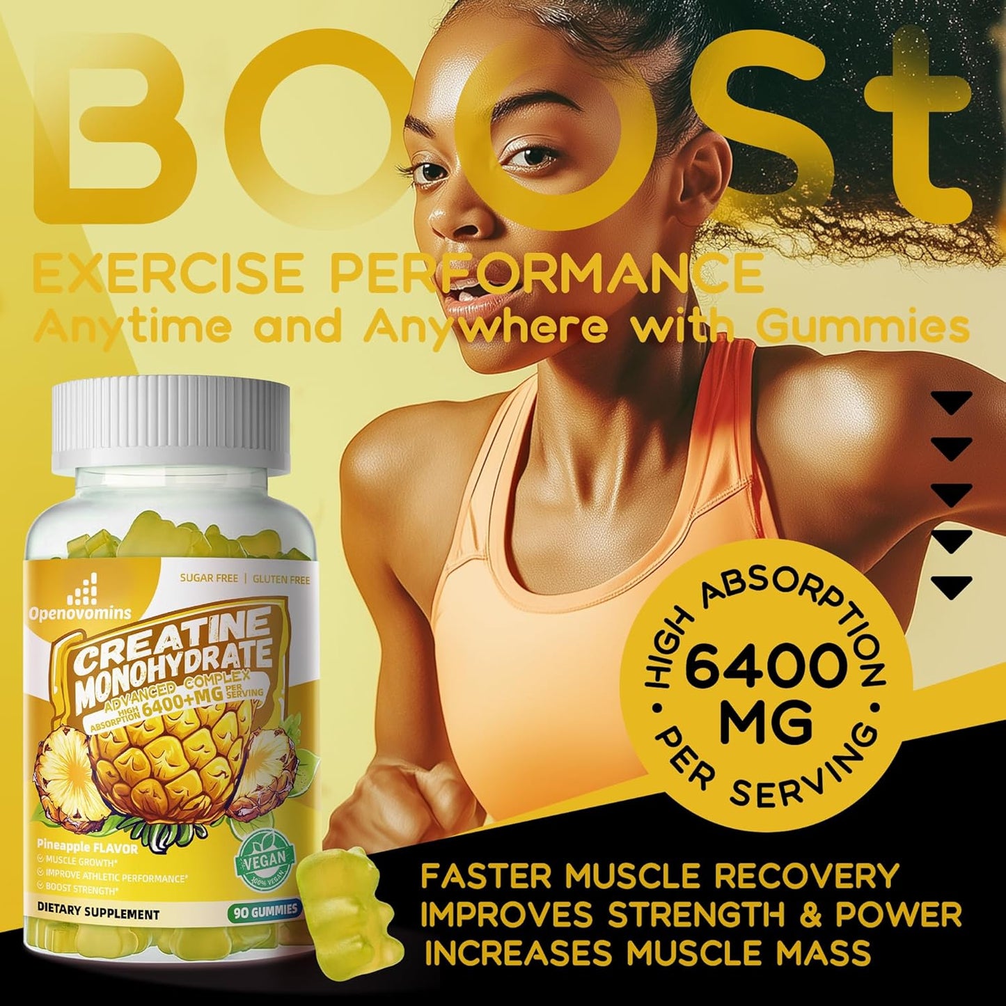 Advanced Formula OPENOVOMINS Creatine Monohydrate Gummies Complex 6400mg with L-Taurine & Vitamin B12 - Sugar Free Chewable Supplement for Men & Women, 90 Pineapple Gummies