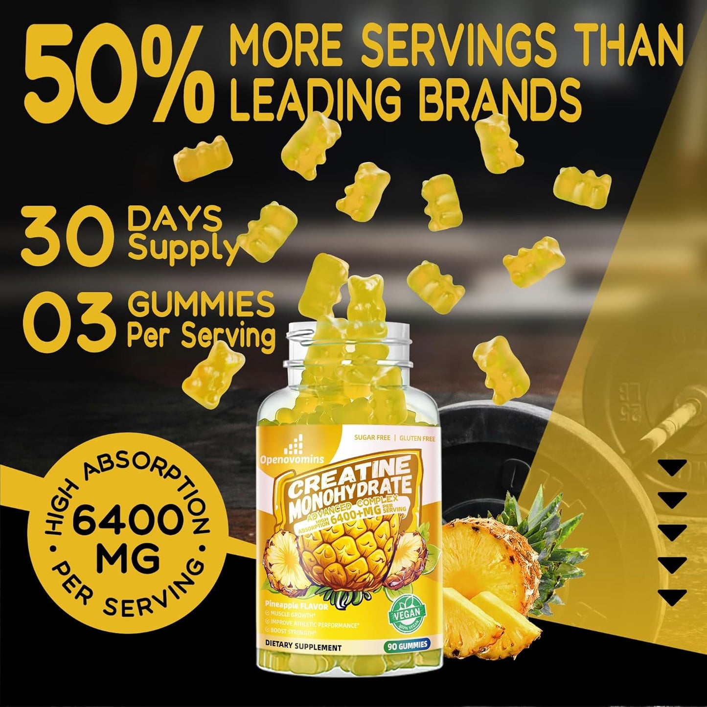 Advanced Formula OPENOVOMINS Creatine Monohydrate Gummies Complex 6400mg with L-Taurine & Vitamin B12 - Sugar Free Chewable Supplement for Men & Women, 90 Pineapple Gummies