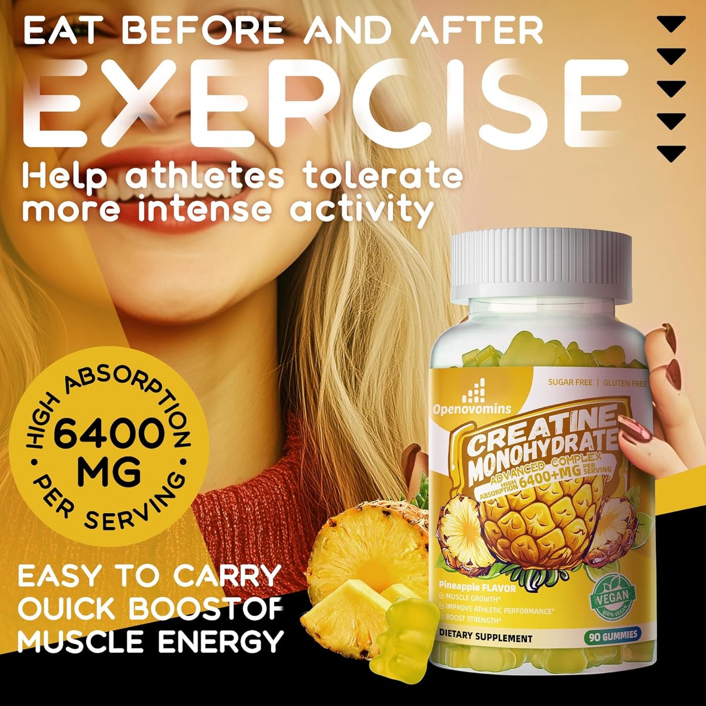Advanced Formula OPENOVOMINS Creatine Monohydrate Gummies Complex 6400mg with L-Taurine & Vitamin B12 - Sugar Free Chewable Supplement for Men & Women, 90 Pineapple Gummies