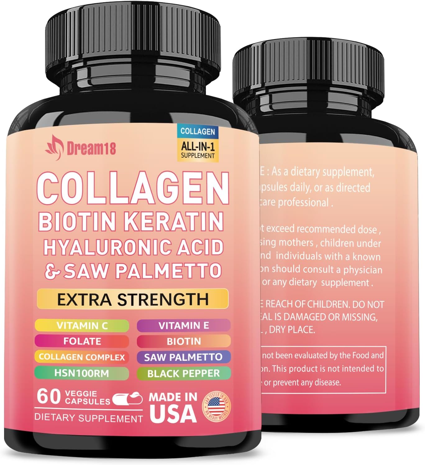 Advanced Hair, Skin, and Nails Vitamins with Collagen, Biotin, Keratin, and Hyaluronic Acid - DHT Blocker for Men and Women - 60 Count