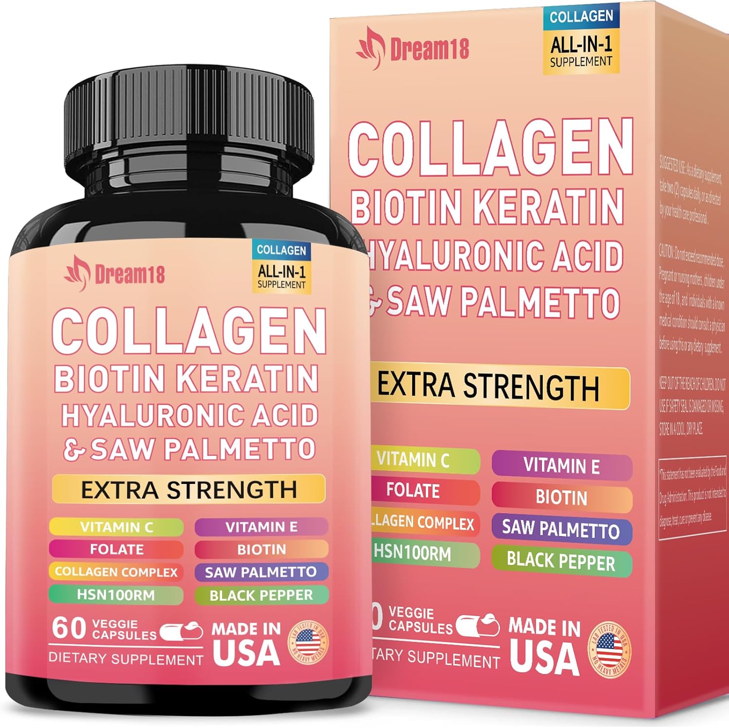 Advanced Hair, Skin, and Nails Vitamins with Collagen, Biotin, Keratin, and Hyaluronic Acid - DHT Blocker for Men and Women - 60 Count