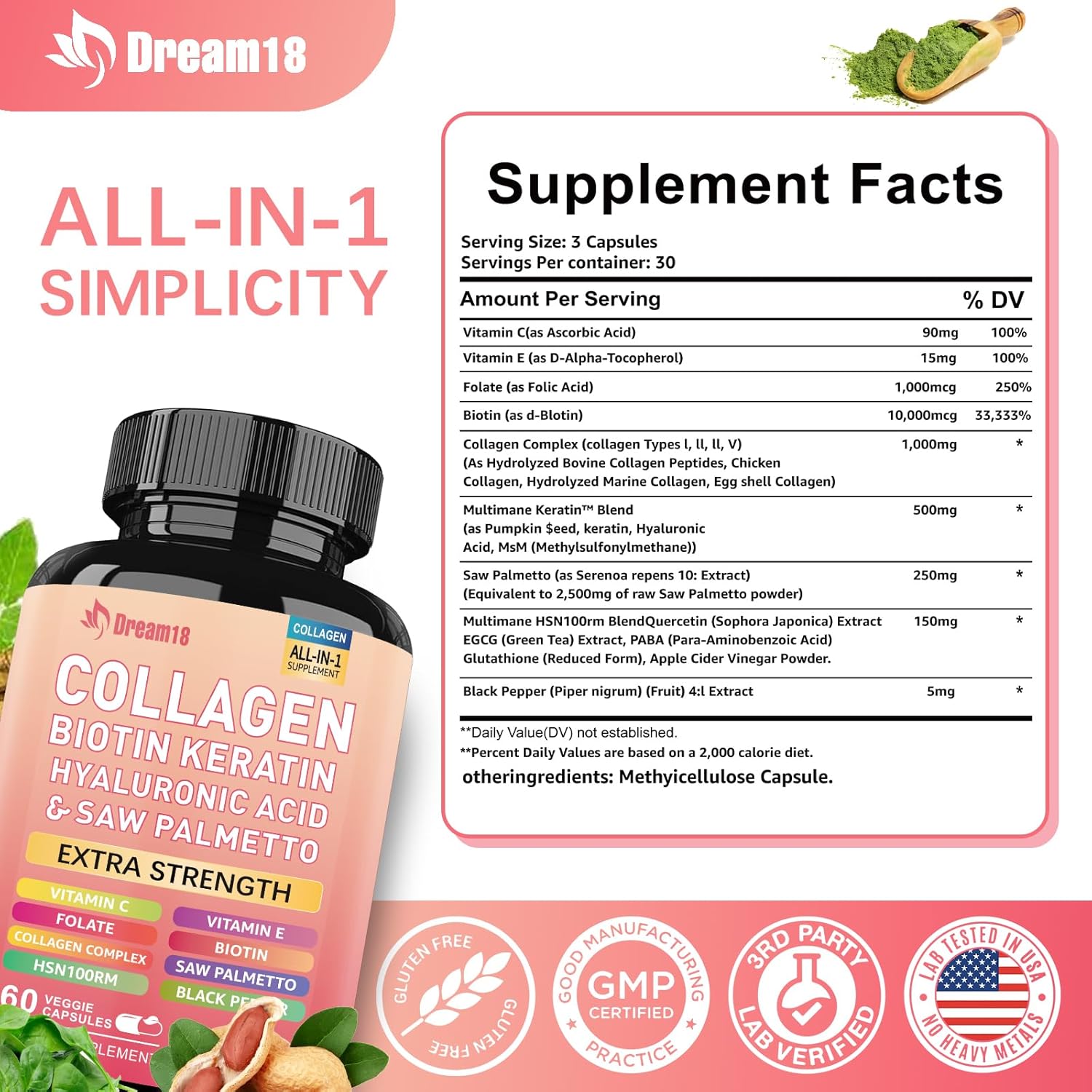 Advanced Hair, Skin, and Nails Vitamins with Collagen, Biotin, Keratin, and Hyaluronic Acid - DHT Blocker for Men and Women - 60 Count