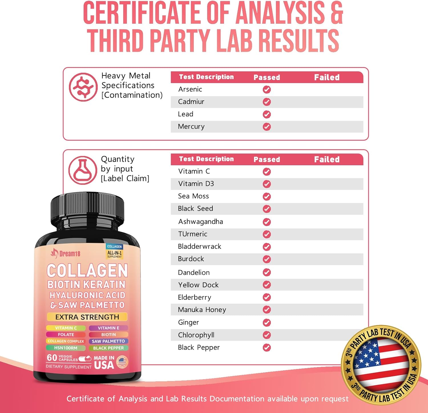 Advanced Hair, Skin, and Nails Vitamins with Collagen, Biotin, Keratin, and Hyaluronic Acid - DHT Blocker for Men and Women - 60 Count