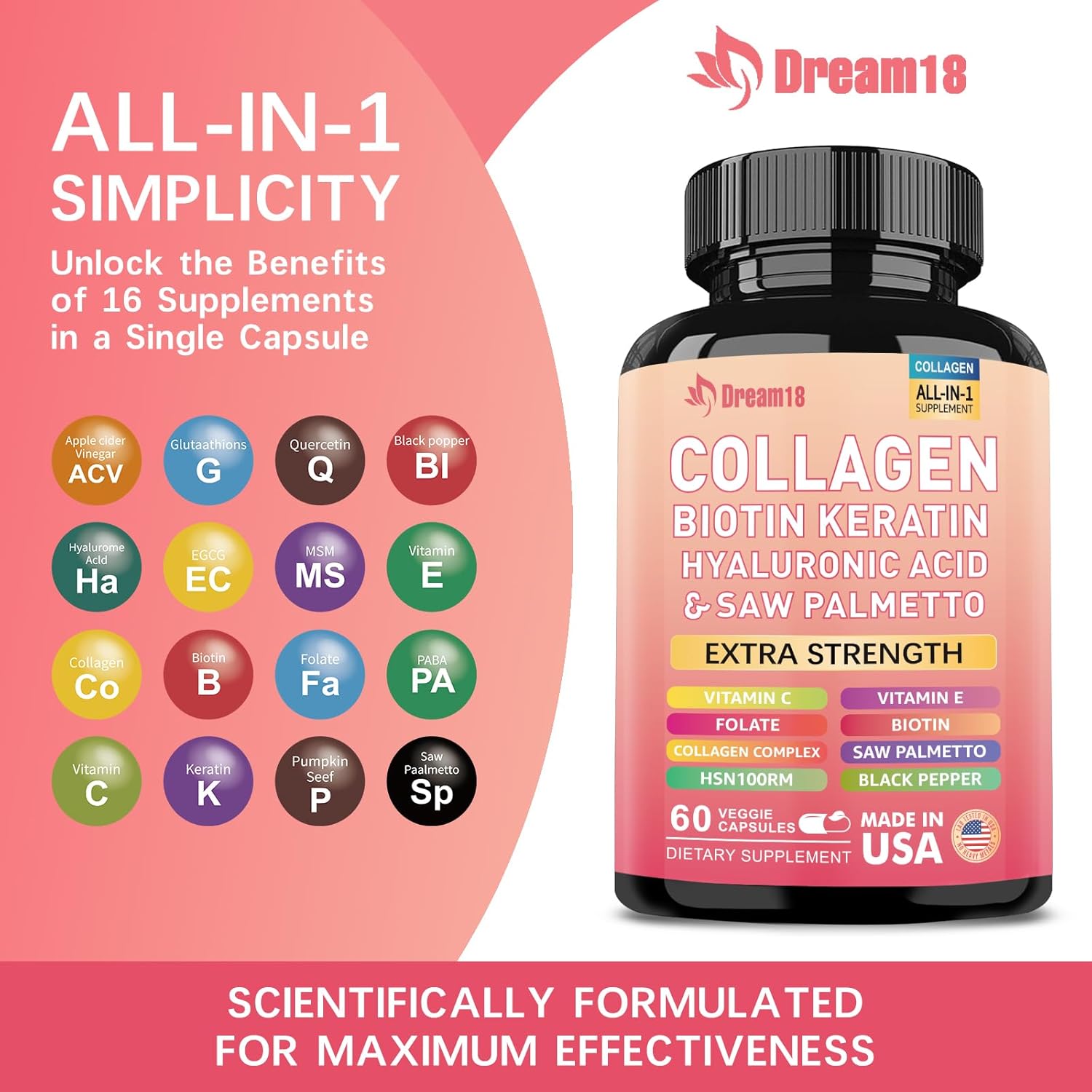 Advanced Hair, Skin, and Nails Vitamins with Collagen, Biotin, Keratin, and Hyaluronic Acid - DHT Blocker for Men and Women - 60 Count