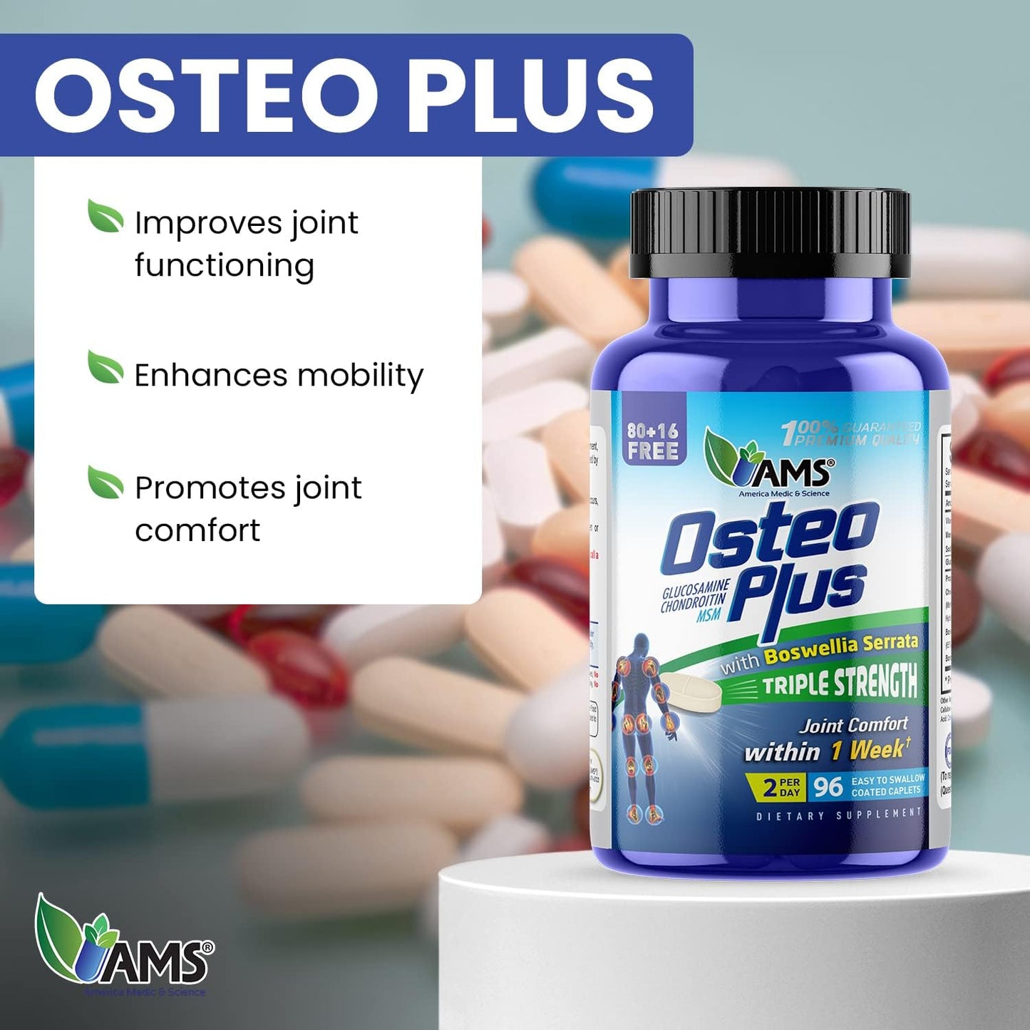 Advanced Joint Supplement with Boswellia Serrata, MSM, Vitamin C, & Chondroitin | America Medic & Science Osteo Plus (96 caplets) | For Men and Women