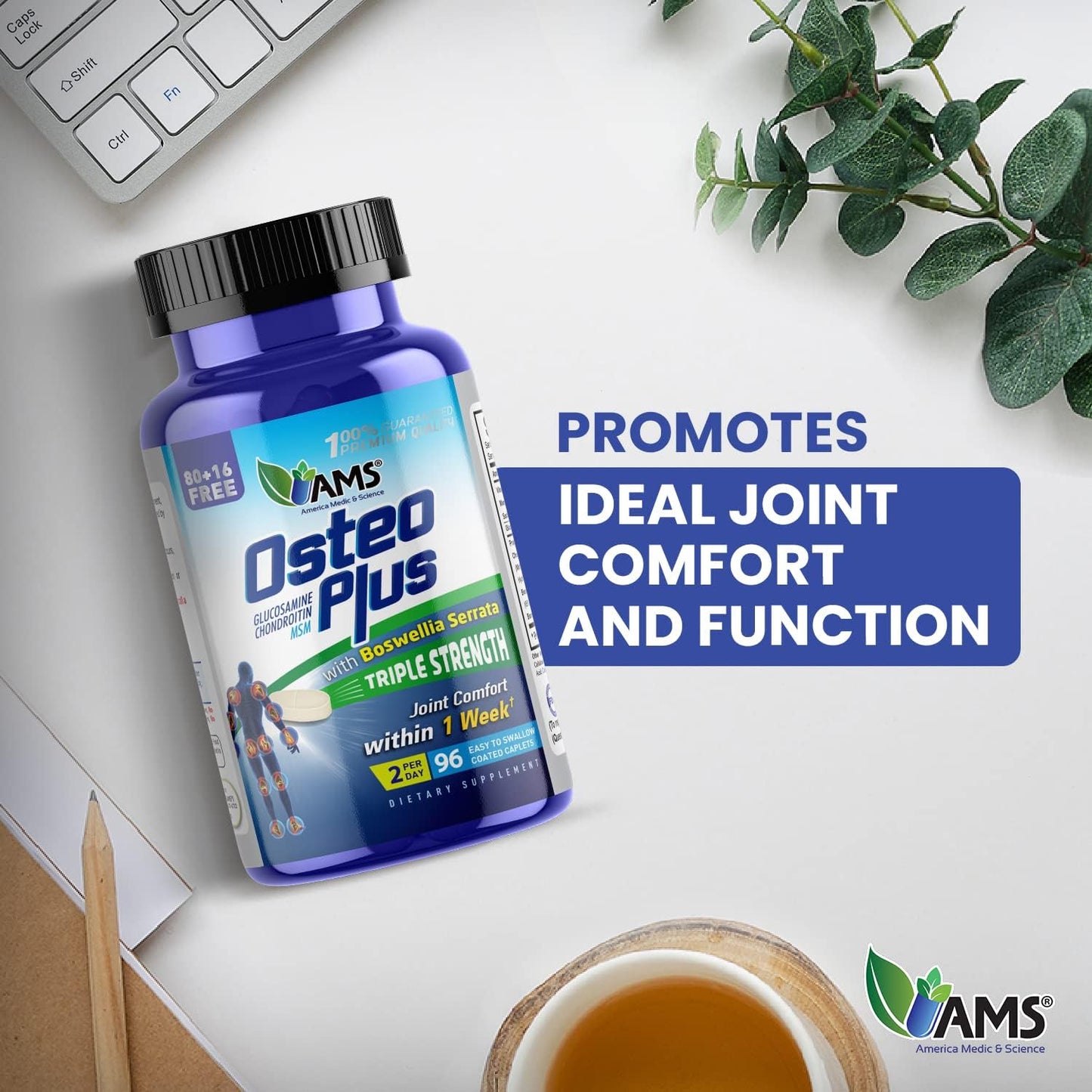 Advanced Joint Supplement with Boswellia Serrata, MSM, Vitamin C, & Chondroitin | America Medic & Science Osteo Plus (96 caplets) | For Men and Women