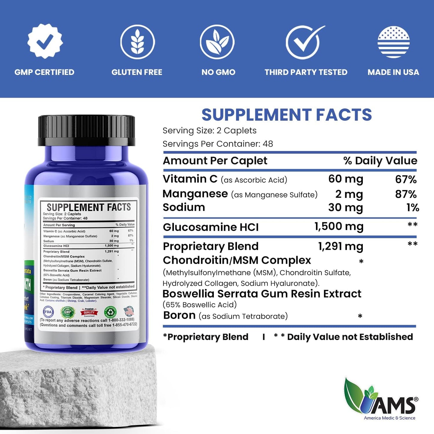 Advanced Joint Supplement with Boswellia Serrata, MSM, Vitamin C, & Chondroitin | America Medic & Science Osteo Plus (96 caplets) | For Men and Women