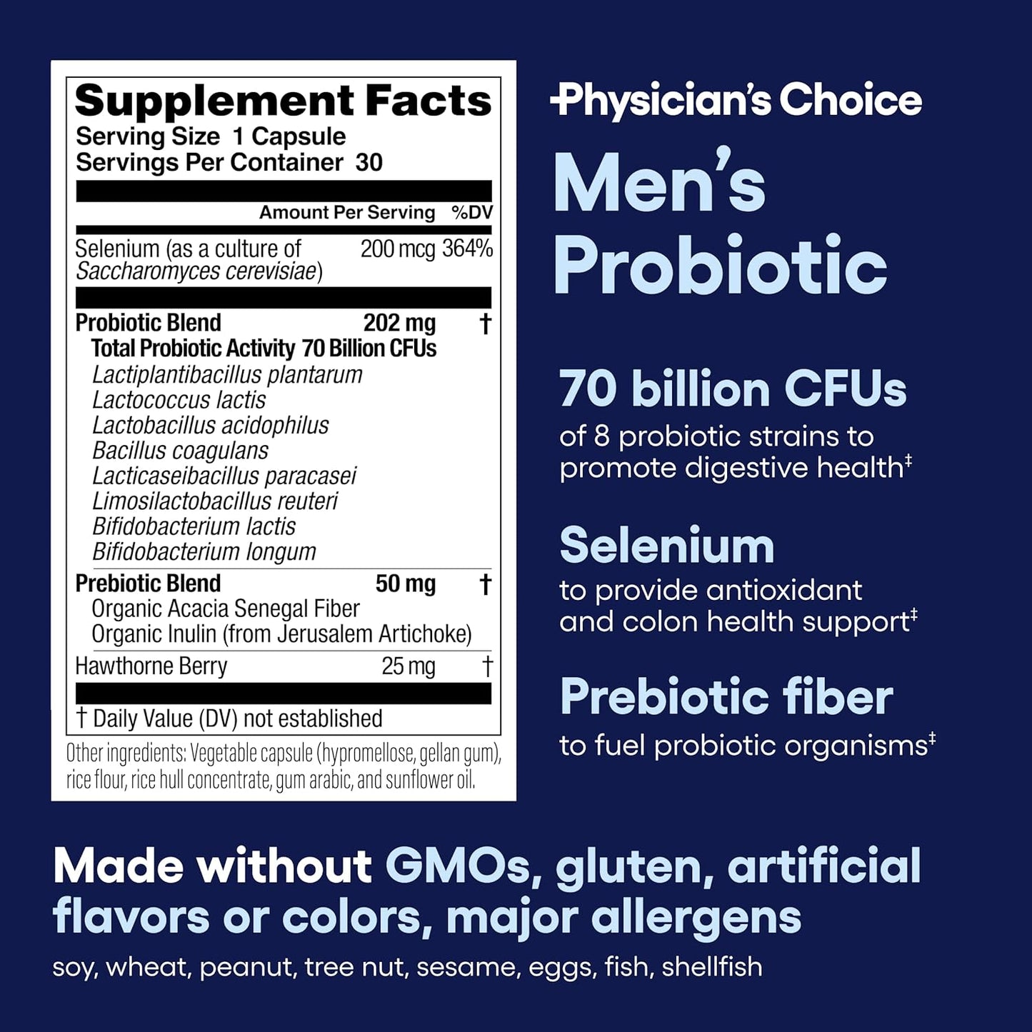 Advanced Men's Probiotic with 70 Billion CFU, 8 Strains, Selenium, Organic Prebiotics - Supports Digestive, Microbiome, Colon, Immune Health - Physician's CHOICE - 30ct