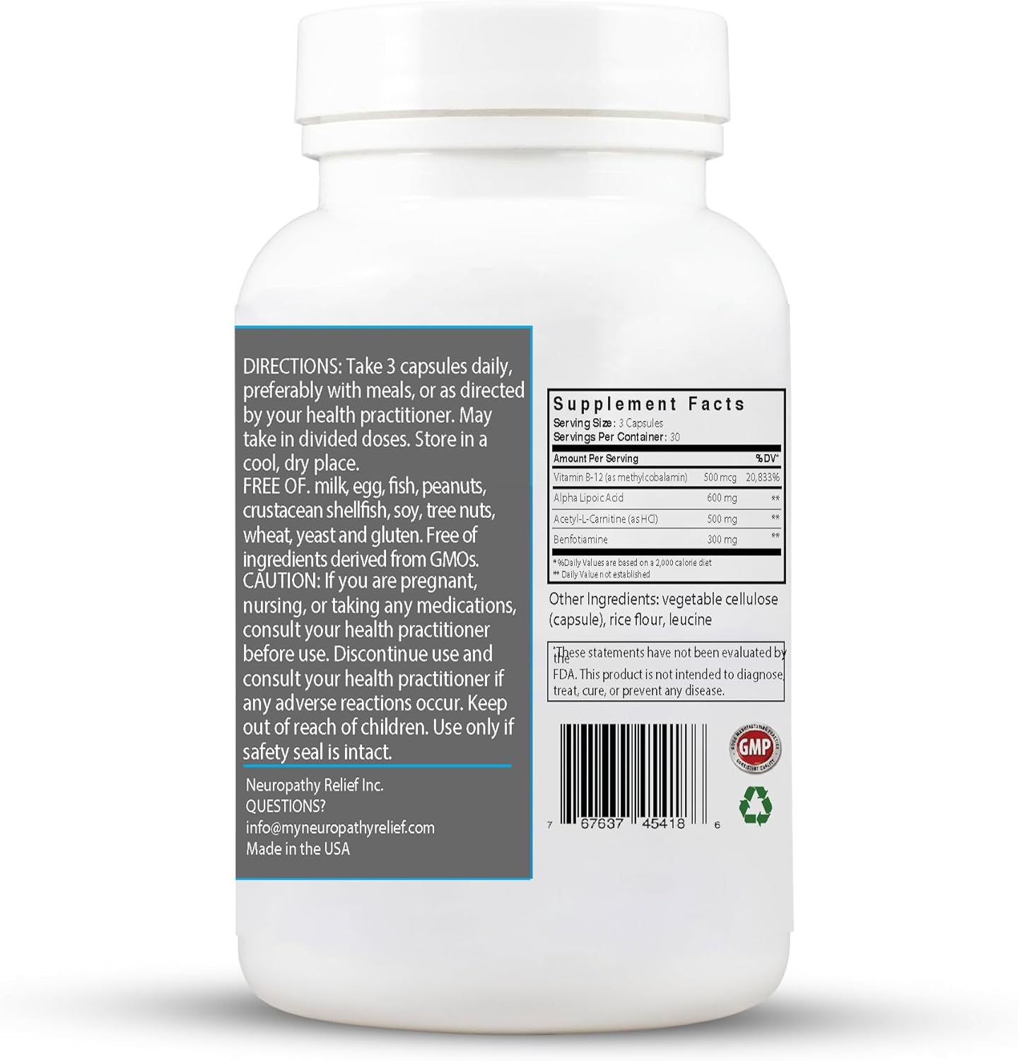 Advanced Neuropathy Relief Nerve Health Formula with Alpha Lipoic Acid, Acetyl-L-Carnitine, Benfotiamine, and Vitamin B12 - 90 Capsules