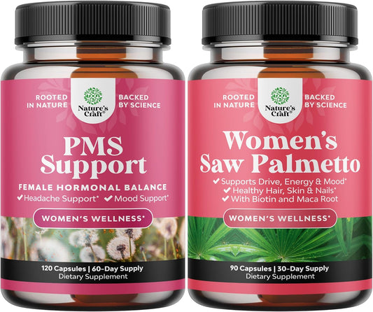 Advanced PMS Support Supplement and DHT Blocker Bundle for Women - Boost Energy, Mood, and Hair Growth with Natures Craft Products