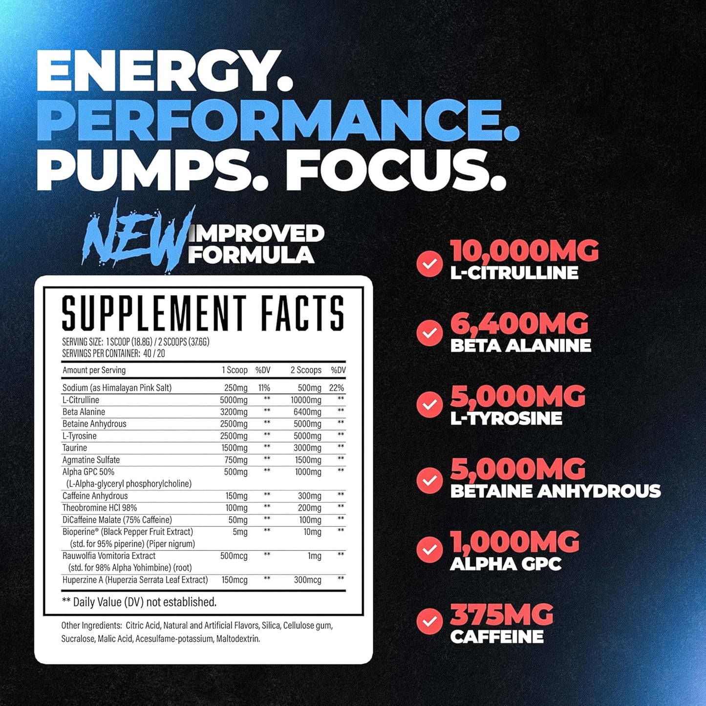 Advanced Pre Workout Powder with Powerful Formula for Boosted Energy, Focus, and Performance - 10g L-Citrulline, 6.4g Beta Alanine, 5g Tyrosine, 1g Alpha GPC, 375mg Caffeine - 40 Servings