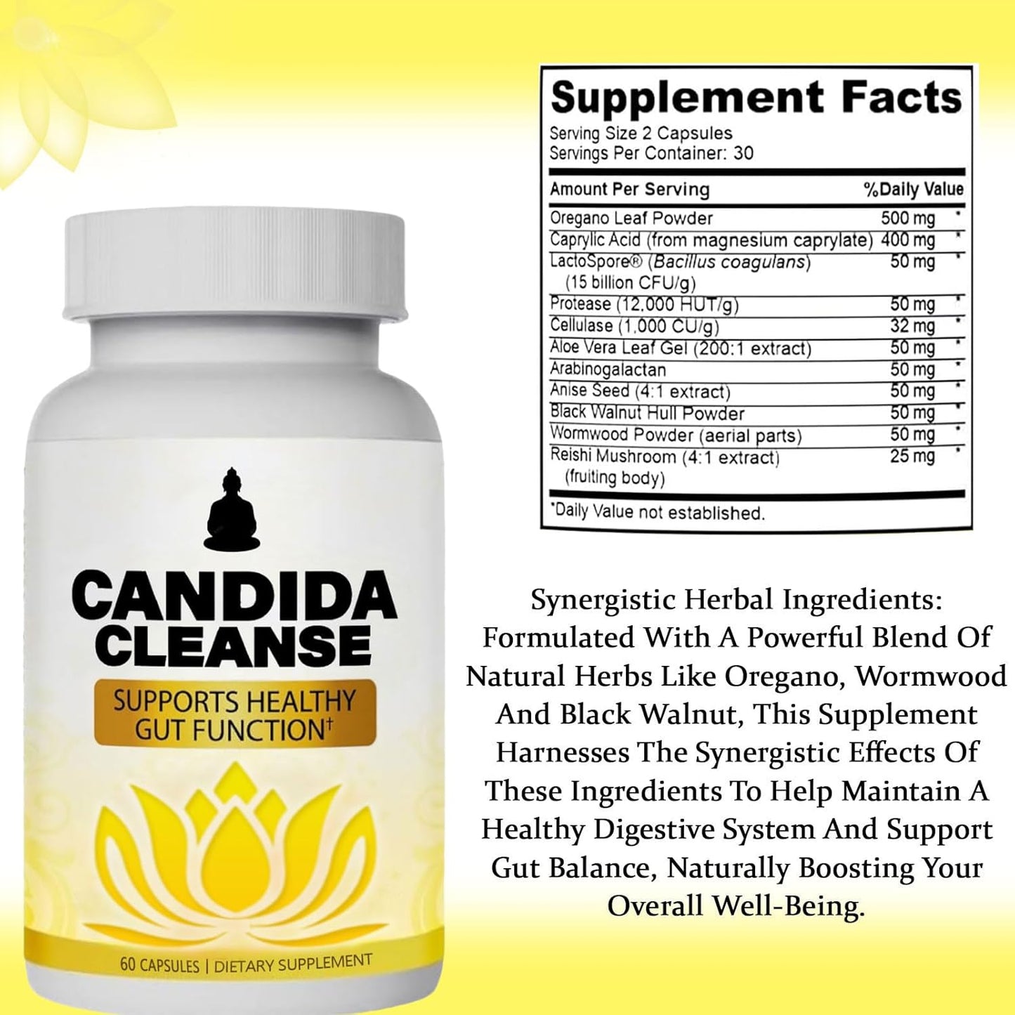 Advanced Probiotic & Herbal Candida Cleanse Supplement for Gut & Colon Support - Natural Formula with Oregano Leaf, Wormwood, Black Walnut, Caprylic Acid - 60 Capsules for Men & Women