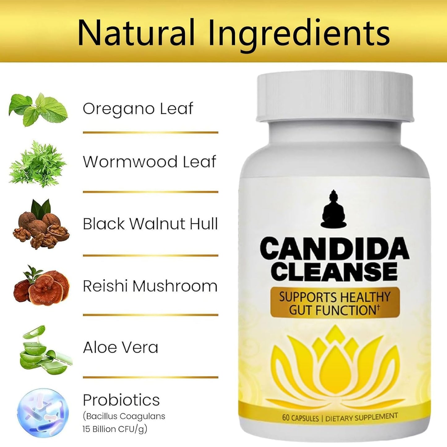 Advanced Probiotic & Herbal Candida Cleanse Supplement for Gut & Colon Support - Natural Formula with Oregano Leaf, Wormwood, Black Walnut, Caprylic Acid - 60 Capsules for Men & Women