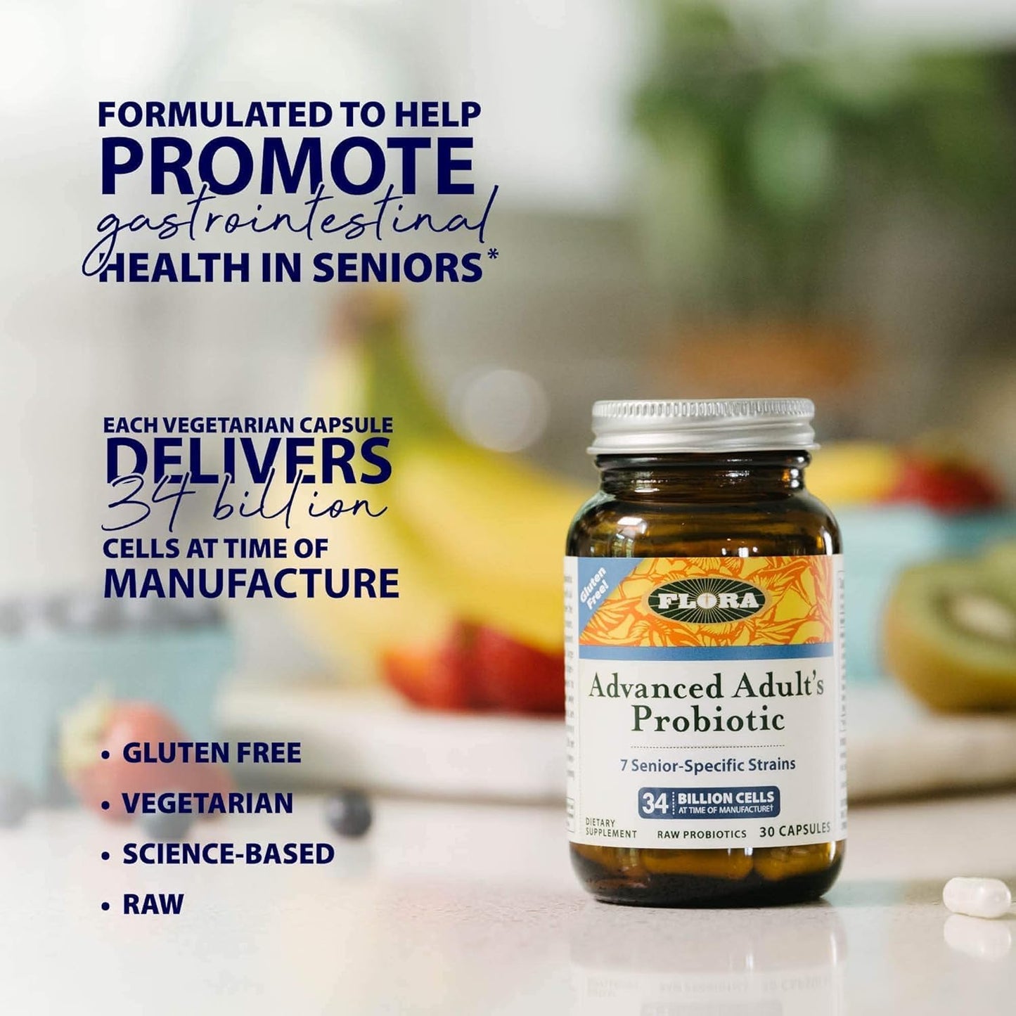 Advanced Senior-Specific Probiotic with 34 Billion Cells, Gluten-Free, Raw Formula - 30 Capsules