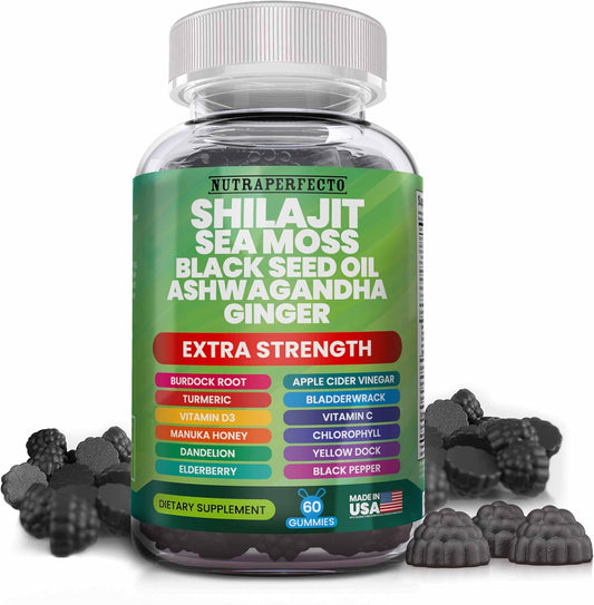 Advanced Strength NutraPerfecto Shilajit Gummies with Irish Sea Moss, Black Seed Oil, Ashwagandha, Ginger, Elderberry, Vitamin D3, Chlorophyll, Turmeric, and Bladderwrack - Resin Shilajit for Men & Women